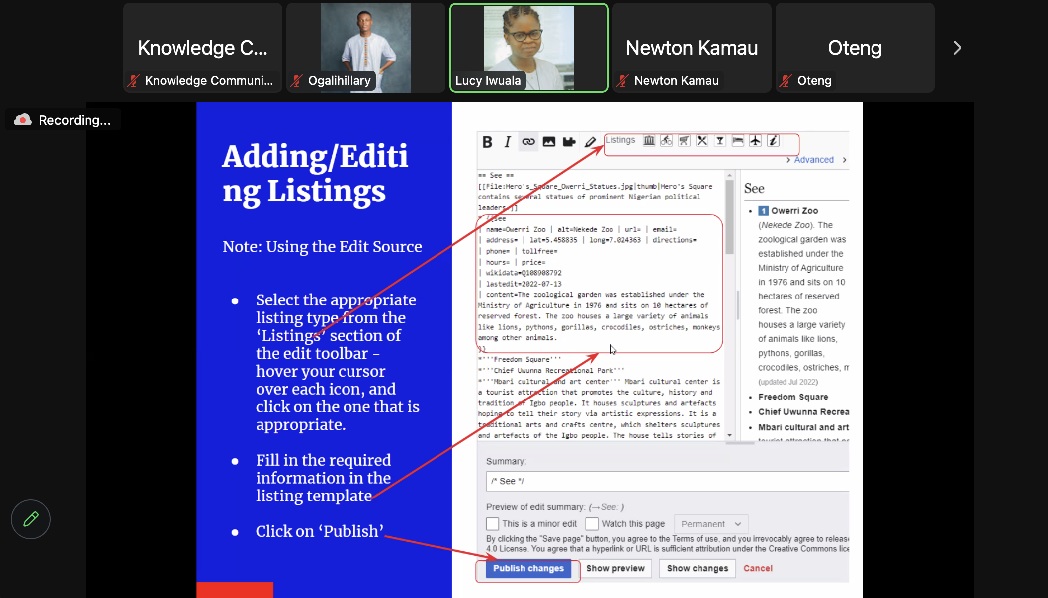 Snapshot of trainers slide at the 2nd Bi-weekly webinar on performing edits on Wikivoyage